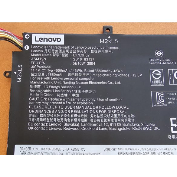 OEM gyári akku Lenovo ThinkPad L470 L480 E480 E580 L580 L590 / 11,1V 4050mAh (L17C3P52)