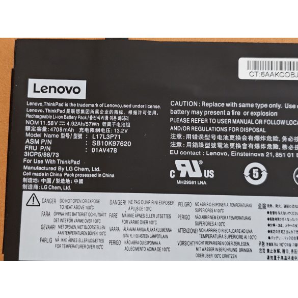 OEM gyári akku Lenovo ThinkPad T480S / 11,58V 4950mAh (L17L3P71)