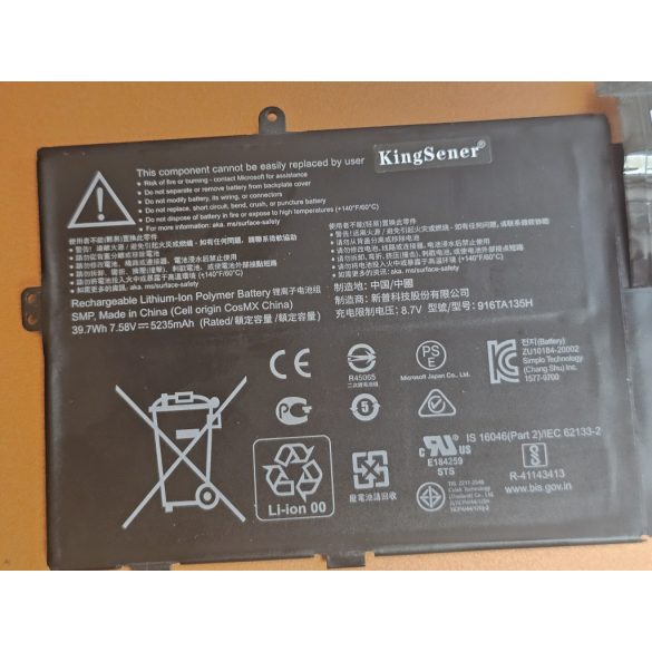 Kingsener akku 916TA135H Microsoft Surface Go 1943 12.4" M1187088-004 / 7.58V 39.7Wh